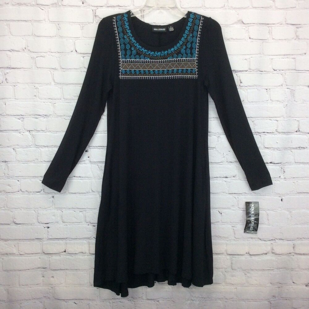 Nina Leonard Trapeze Dress Women’s Size S Black Side Pockets Embroidered Casual